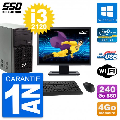 PC Tour Fujitsu P400 Ecran 22" Intel i3-2120 RAM 4Go SSD 240Go Windows 10 Wifi