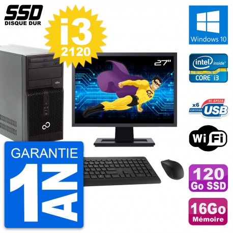 PC Tour Fujitsu P400 Ecran 27" Intel i3-2120 RAM 16Go SSD 120Go Windows 10 Wifi