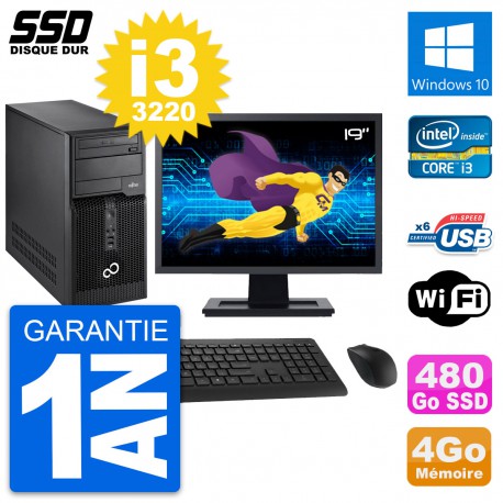 PC Tour Fujitsu P400 Ecran 19" Intel i3-3220 RAM 4Go SSD 480Go Windows 10 Wifi
