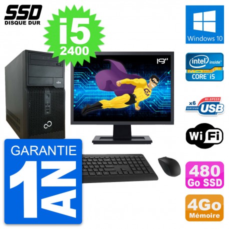 PC Tour Fujitsu P400 Ecran 19" Intel i5-2400 RAM 4Go SSD 480Go Windows 10 Wifi