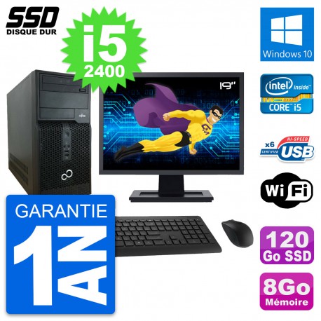 PC Tour Fujitsu P400 Ecran 19" Intel i5-2400 RAM 8Go SSD 120Go Windows 10 Wifi