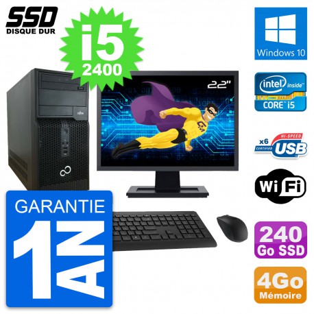 PC Tour Fujitsu P400 Ecran 22" Intel i5-2400 RAM 4Go SSD 240Go Windows 10 Wifi