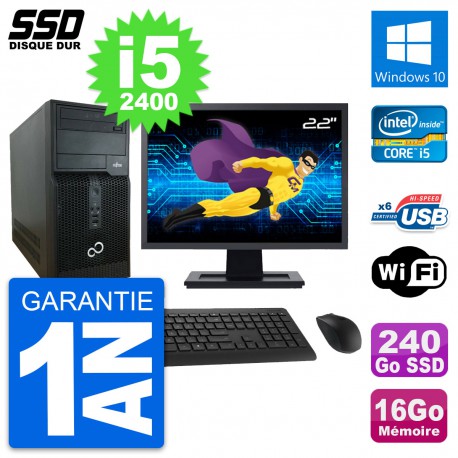 PC Tour Fujitsu P400 Ecran 22" Intel i5-2400 RAM 16Go SSD 240Go Windows 10 Wifi