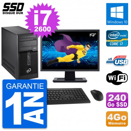 PC Tour Fujitsu P400 Ecran 19" Intel i7-2600 RAM 4Go SSD 240Go Windows 10 Wifi