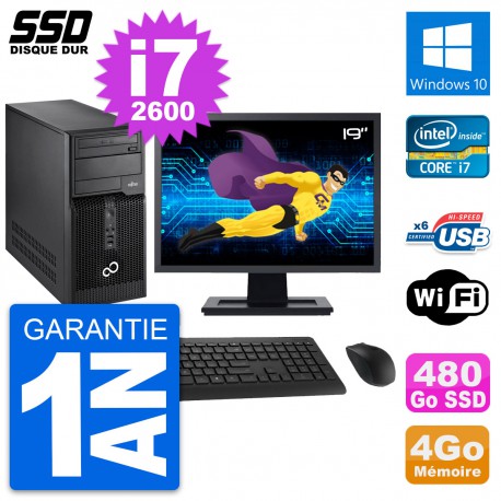 PC Tour Fujitsu P400 Ecran 19" Intel i7-2600 RAM 4Go SSD 480Go Windows 10 Wifi