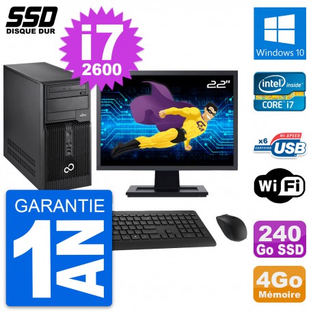 PC Tour Fujitsu P400 Ecran 22" Intel i7-2600 RAM 4Go SSD 240Go Windows 10 Wifi