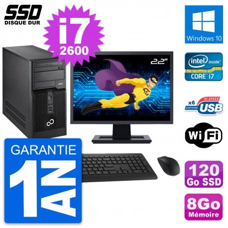PC Tour Fujitsu P400 Ecran 22" Intel i7-2600 RAM 8Go SSD 120Go Windows 10 Wifi