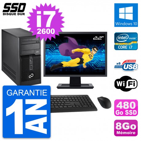PC Tour Fujitsu P400 Ecran 22" Intel i7-2600 RAM 8Go SSD 480Go Windows 10 Wifi