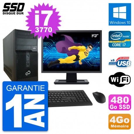 PC Tour Fujitsu P400 Ecran 19" Intel i7-3770 RAM 4Go SSD 480Go Windows 10 Wifi