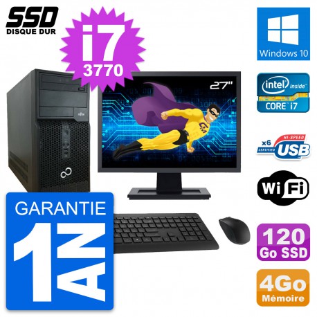 PC Tour Fujitsu P400 Ecran 27" Intel i7-3770 RAM 4Go SSD 120Go Windows 10 Wifi