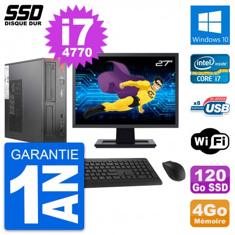 PC Fujitsu E520 DT Ecran 27" Intel i7-4770 RAM 4Go SSD 120Go Windows 10 Wifi