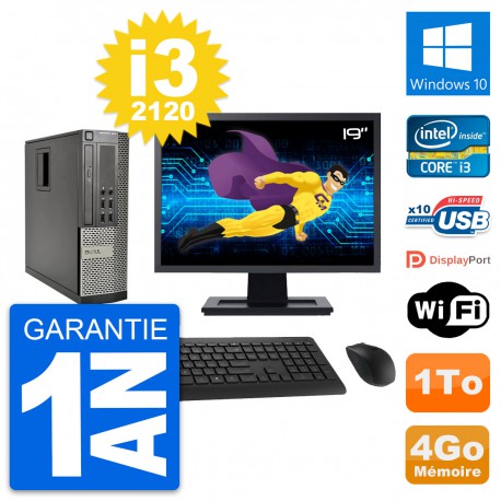 PC Dell 990 SFF Ecran 19" Intel i3-2120 RAM 4Go Disque Dur 1To Windows 10 Wifi