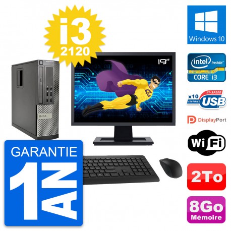 PC Dell 990 SFF Ecran 19" Intel i3-2120 RAM 8Go Disque Dur 2To Windows 10 Wifi