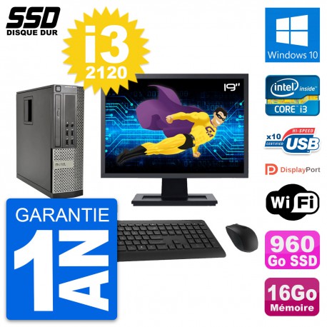 PC Dell 990 SFF Ecran 19" Intel i3-2120 RAM 16Go SSD 960Go Windows 10 Wifi