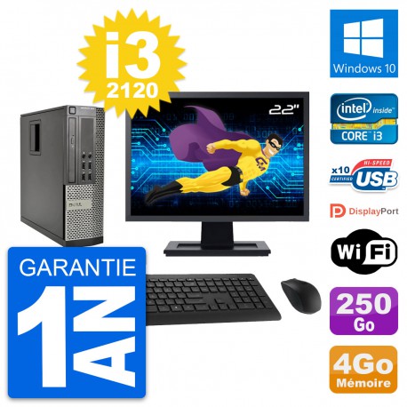 PC Dell 990 SFF Ecran 22" Intel i3-2120 RAM 4Go Disque Dur 250Go Windows 10 Wifi