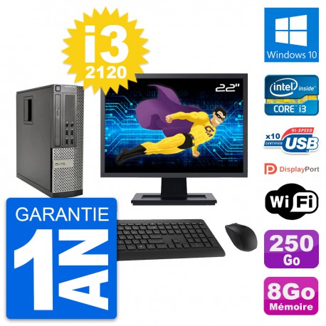 PC Dell 990 SFF Ecran 22" Intel i3-2120 RAM 8Go Disque Dur 250Go Windows 10 Wifi