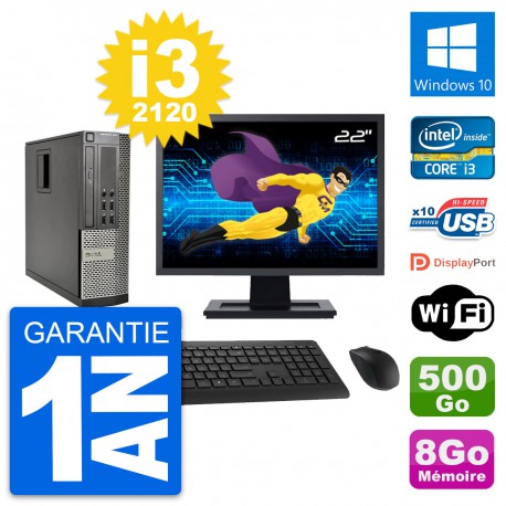 PC Dell 990 SFF Ecran 22" Intel i3-2120 RAM 8Go Disque Dur 500Go Windows 10 Wifi