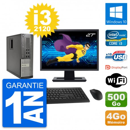 PC Dell 990 SFF Ecran 27" Intel i3-2120 RAM 4Go Disque Dur 500Go Windows 10 Wifi