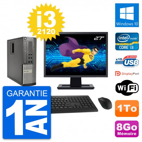 PC Dell 990 SFF Ecran 27" Intel i3-2120 RAM 8Go Disque Dur 1To Windows 10 Wifi