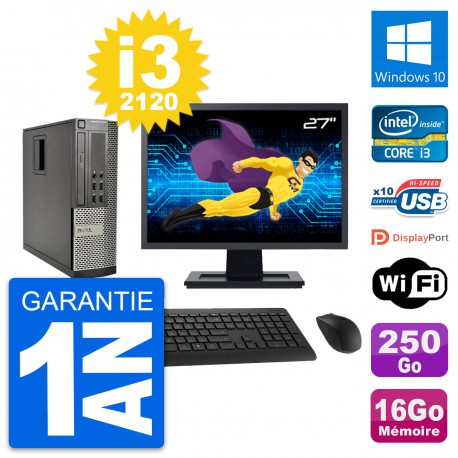 PC Dell 990 SFF Ecran 27" Intel i3-2120 RAM 16Go Disque 250Go Windows 10 Wifi