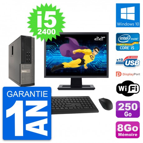 PC Dell 990 SFF Ecran 22" Intel i5-2400 RAM 8Go Disque Dur 250Go Windows 10 Wifi