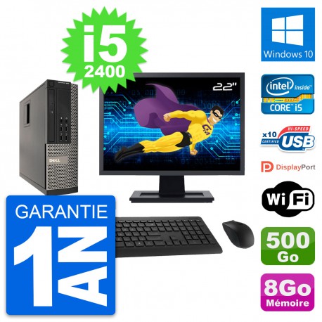 PC Dell 990 SFF Ecran 22" Intel i5-2400 RAM 8Go Disque Dur 500Go Windows 10 Wifi