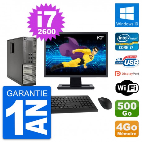 PC Dell 990 SFF Ecran 19" Intel i7-2600 RAM 4Go Disque Dur 500Go Windows 10 Wifi