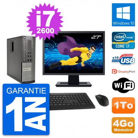 PC Dell 990 SFF Ecran 27" Intel i7-2600 RAM 4Go Disque Dur 1To Windows 10 Wifi