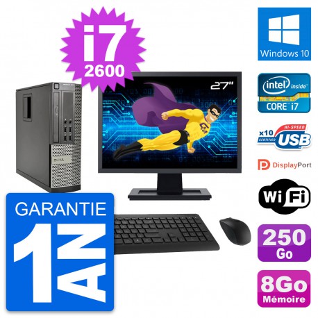 PC Dell 990 SFF Ecran 27" Intel i7-2600 RAM 8Go Disque Dur 250Go Windows 10 Wifi