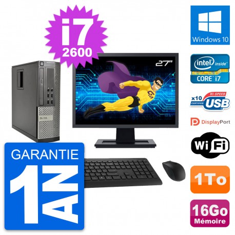 PC Dell 990 SFF Ecran 27" Intel i7-2600 RAM 16Go Disque Dur 1To Windows 10 Wifi