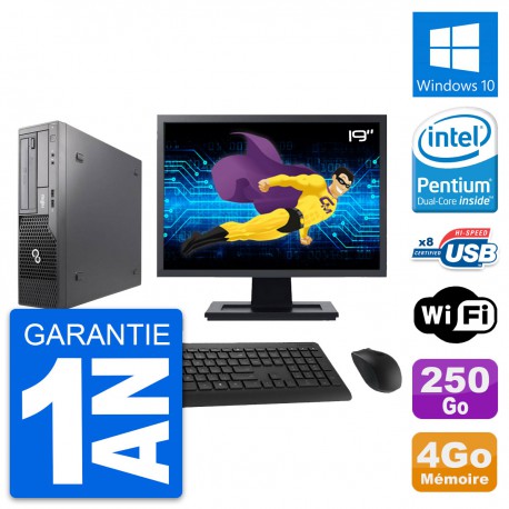 PC Fujitsu E500 DT Ecran 19" Intel G630 RAM 4Go Disque 250Go Windows 10 Wifi