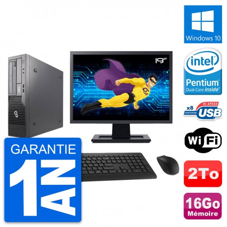 PC Fujitsu E500 DT Ecran 19" Intel G630 RAM 16Go Disque Dur 2To Windows 10 Wifi