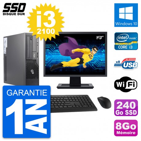 PC Fujitsu E500 E85+ DT Ecran 19" i3-2100 RAM 8Go SSD 240Go Windows 10 Wifi