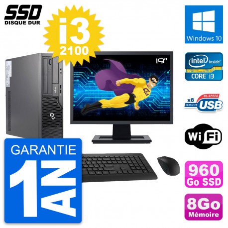 PC Fujitsu E500 E85+ DT Ecran 19" i3-2100 RAM 8Go SSD 960Go Windows 10 Wifi