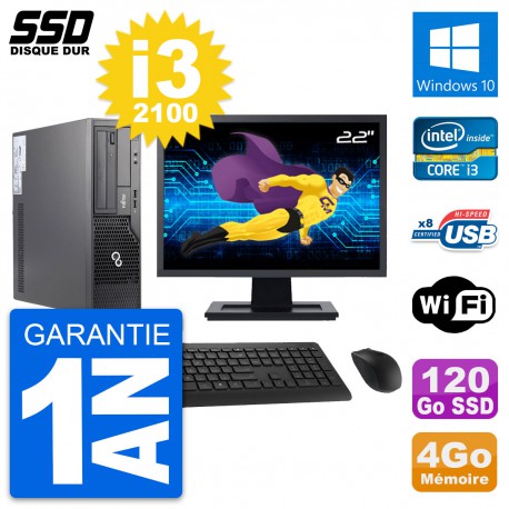 PC Fujitsu E500 E85+ DT Ecran 22" i3-2100 RAM 4Go SSD 120Go Windows 10 Wifi