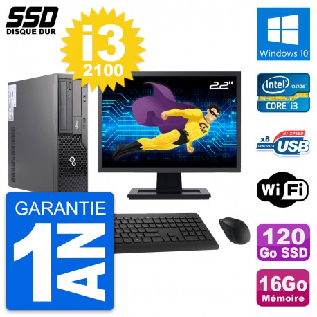 PC Fujitsu E500 E85+ DT Ecran 22" i3-2100 RAM 16Go SSD 120Go Windows 10 Wifi