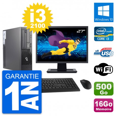 PC Fujitsu E500 DT Ecran 27" Intel i3-2100 RAM 16Go Disque 500Go Windows 10 Wifi