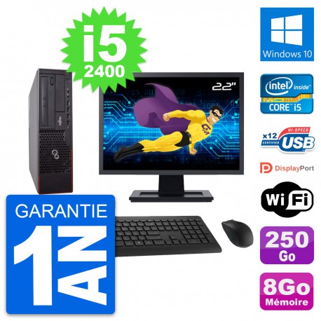 PC Fujitsu E700 DT Ecran 22" Intel i5-2400 RAM 8Go Disque 250Go Windows 10 Wifi