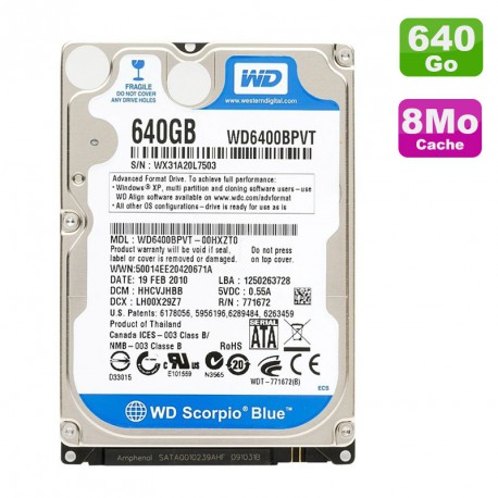 Disque Dur 640Go SATA 2.5" Western Digital Scorpio Blue WD6400BPVT Pc Portable