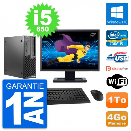 PC Lenovo M90 SFF Ecran 19" Intel Core i5-650 RAM 4Go Disque 1To Windows 10 Wifi