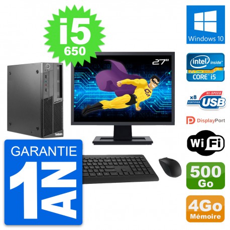 PC Lenovo M90 SFF Ecran 27" Intel i5-650 RAM 4Go Disque 500Go Windows 10 Wifi