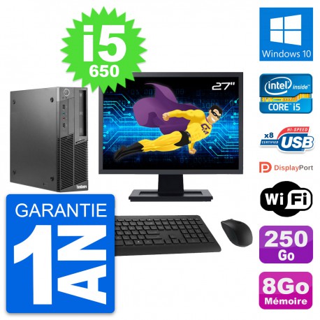 PC Lenovo M90 SFF Ecran 27" Intel i5-650 RAM 8Go Disque 250Go Windows 10 Wifi
