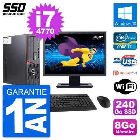 PC Fujitsu E720 E85+ DT Ecran 22" Core i7-4770 RAM 8Go SSD 240Go Windows 10 Wifi