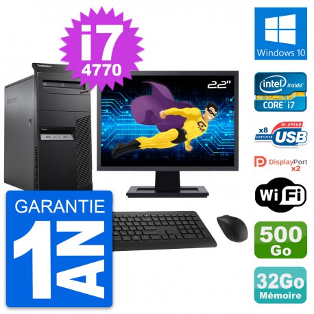 PC Tour Lenovo M83 Ecran 22" Intel i7-4770 RAM 32Go Disque 500Go Windows 10 Wifi