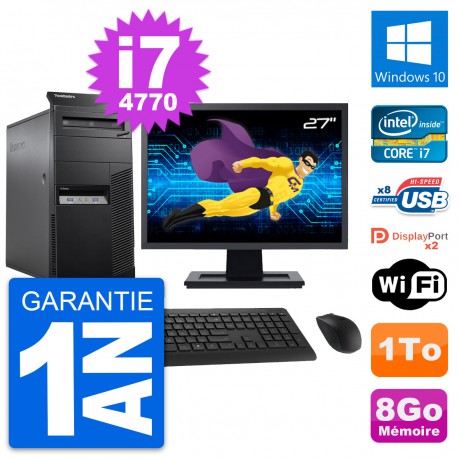 PC Tour Lenovo M83 Ecran 27" Core i7-4770 RAM 8Go Disque Dur 1To Windows 10 Wifi