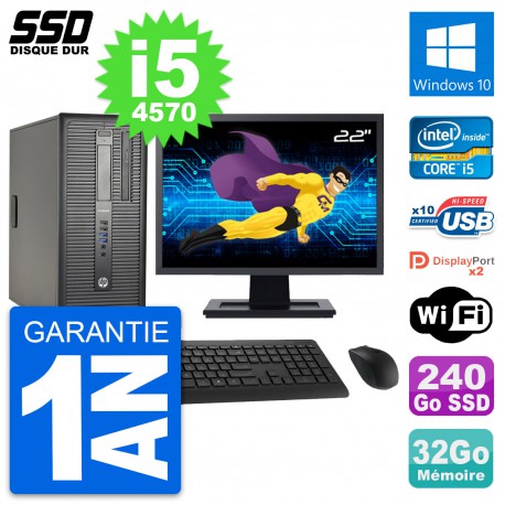 PC Tour HP ProDesk 600 G1 Ecran 22" i5-4570 RAM 32Go SSD 240Go Windows 10 Wifi