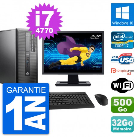 PC Tour HP 600 G1 Ecran 22" Intel i7-4770 RAM 32Go Disque 500Go Windows 10 Wifi