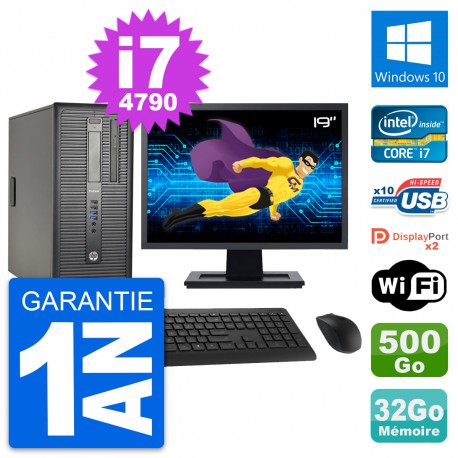 PC Tour HP 600 G1 Ecran 19" Intel i7-4790 RAM 32Go Disque 500Go Windows 10 Wifi