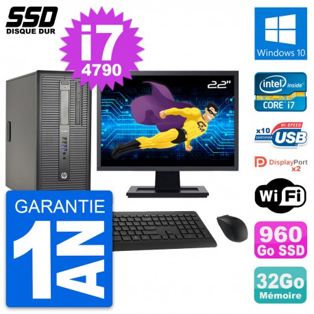 PC Tour HP ProDesk 600 G1 Ecran 22" i7-4790 RAM 32Go SSD 960Go Windows 10 Wifi