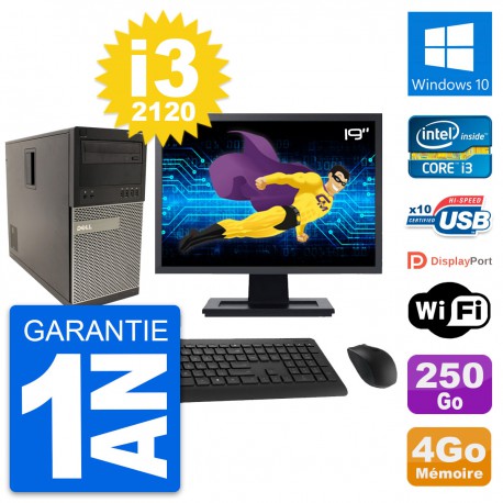 PC Tour Dell 790 MT Ecran 19" Intel i3-2120 RAM 4Go Disque 250Go Windows 10 Wifi